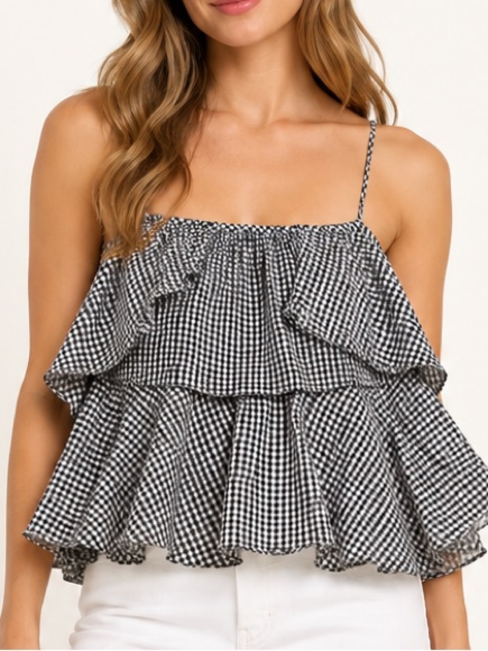 L academie Woven Gingham Ruffle Cami Top - Black